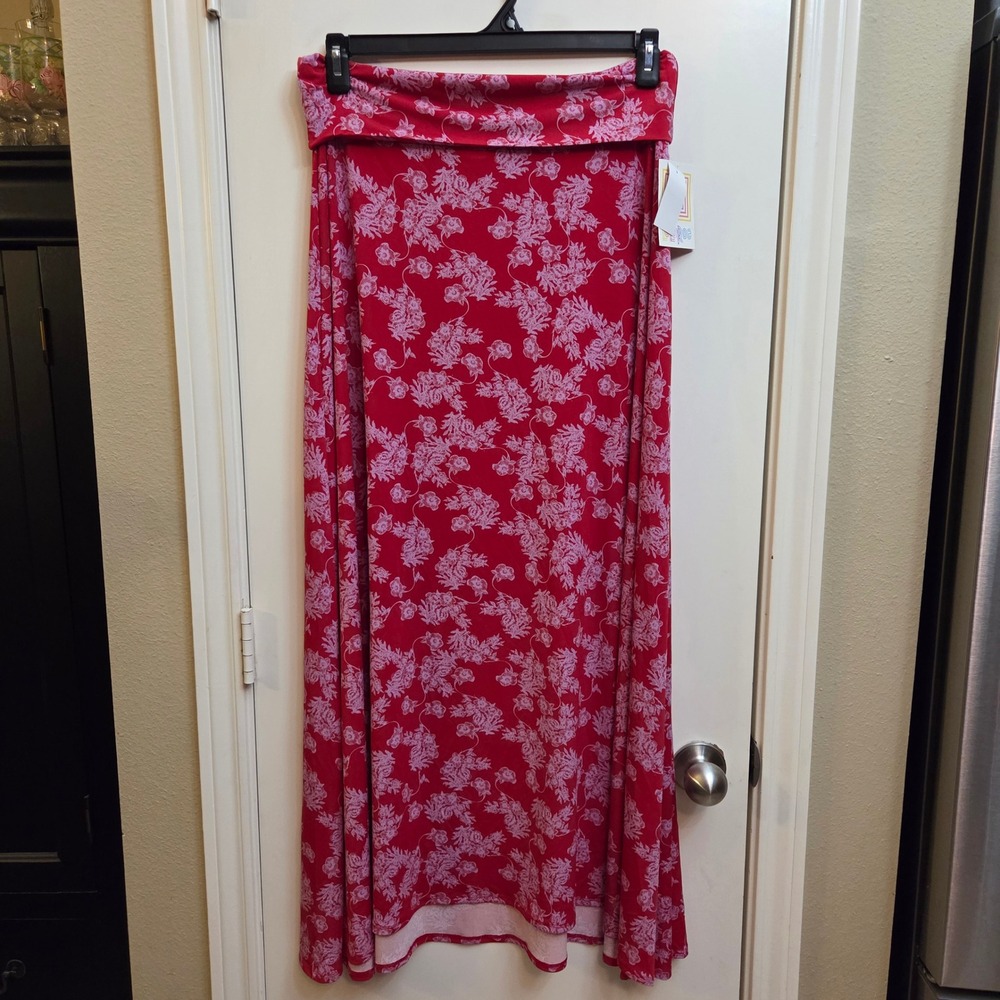 LuLaRoe Maxi Skirt Medium Red Pink Floral Foldover Waist Long Flowy NWT
